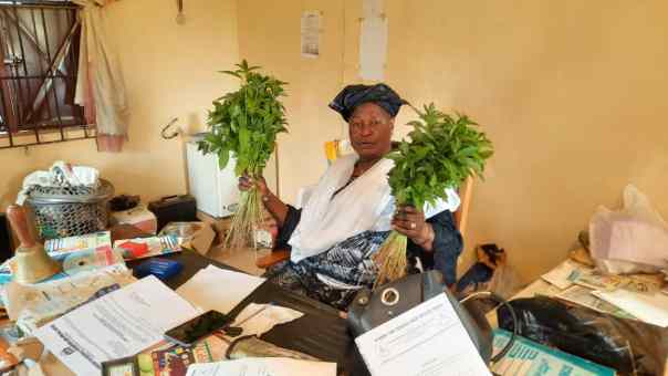 Schulleiterin mit Gemüse